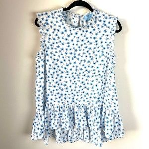 CeCe Brooke Ditsy Floral Sleeveless Top Extra Large XL White Blue Blouse Top